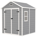 Outsunny Gartenschuppen, Geräteschuppen mit Boden, verschließbare Türen, Lüftungsöffnungen, Fenster, Holzoptik, Kunststoff, Grau