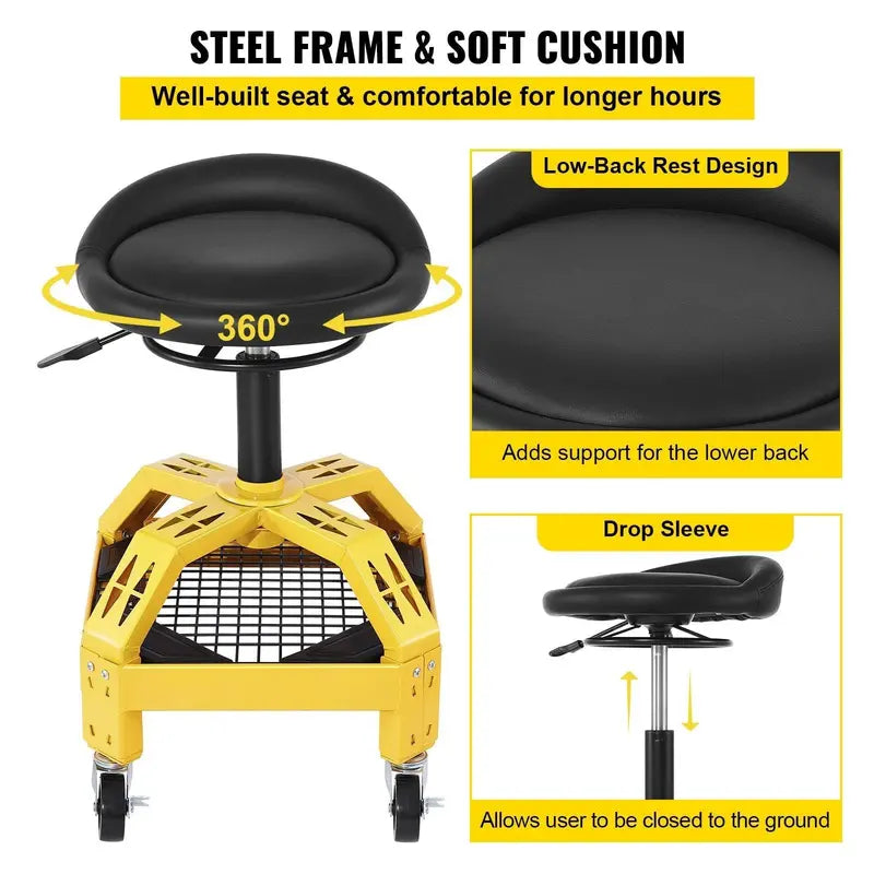 Heavy-Duty Rolling Mechanic Stool – Adjustable Height Garage Seat with 360° Swivel and Industrial-Grade Casters