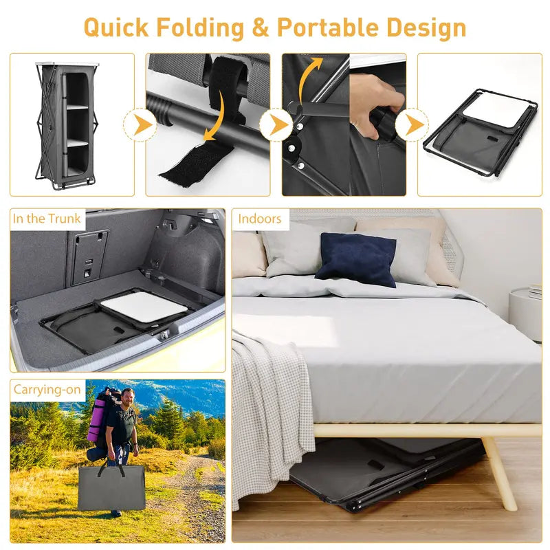 Pop-Up Camping Kitchen Station with Three-Tier Folding Storage Cabinet