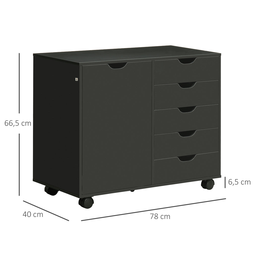 HOMCOM Bürowagen mit 5 Schubladen 1 Tür verstellbarem Regal, Druckerstand auf Rollen, 78x40x66,5 cm, Schwarz