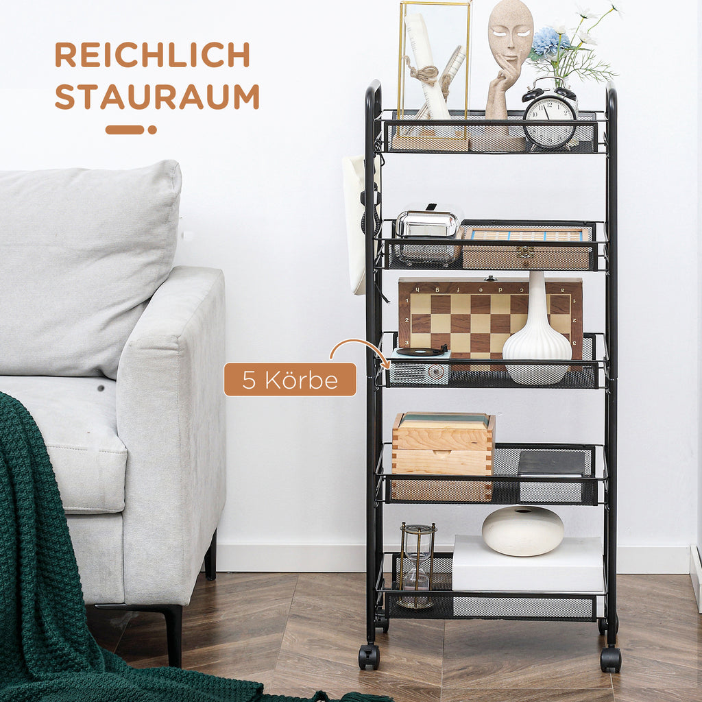 HOMCOM Küchenwagen mit 5 Drahtkörben, 4 Haken, 4 Rollen, 2 Griffe, Stahl/Kunststoff, 45x26,5x106 cm, Weiß