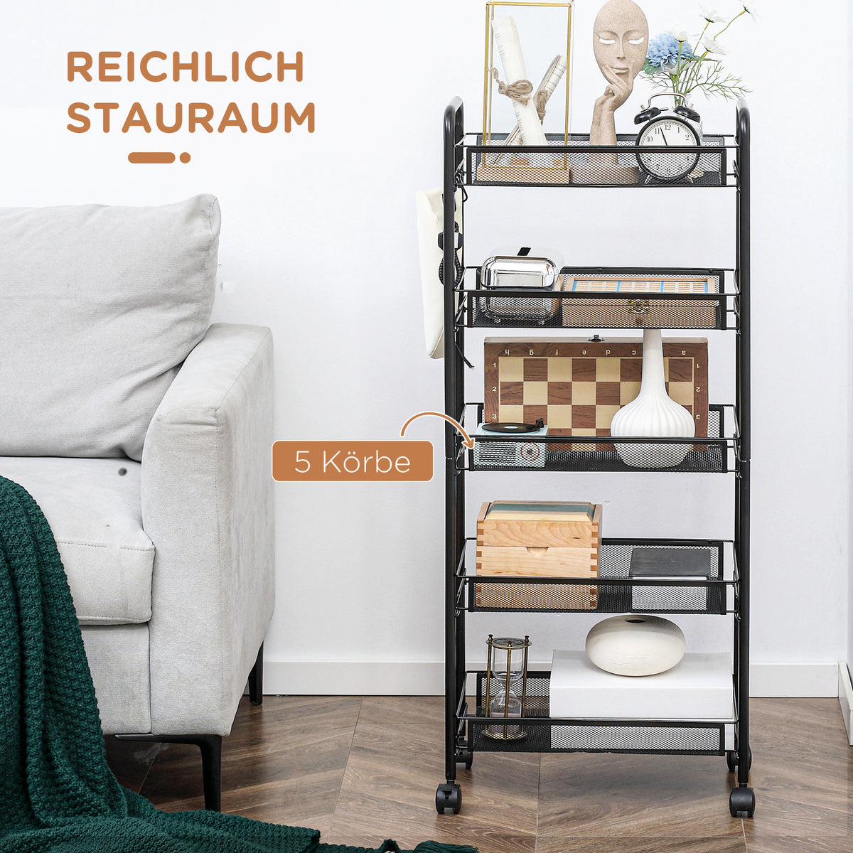 HOMCOM Küchenwagen mit 5 Drahtkörben, 4 Haken, 4 Rollen, 2 Griffe, Stahl/Kunststoff, 45x26,5x106 cm, Weiß