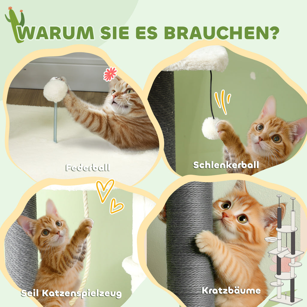 PawHut Kratzbaum, deckenhoch, verstellbar 225-255 cm, Plattformen & Hängematten, Kippschutz, Weiß