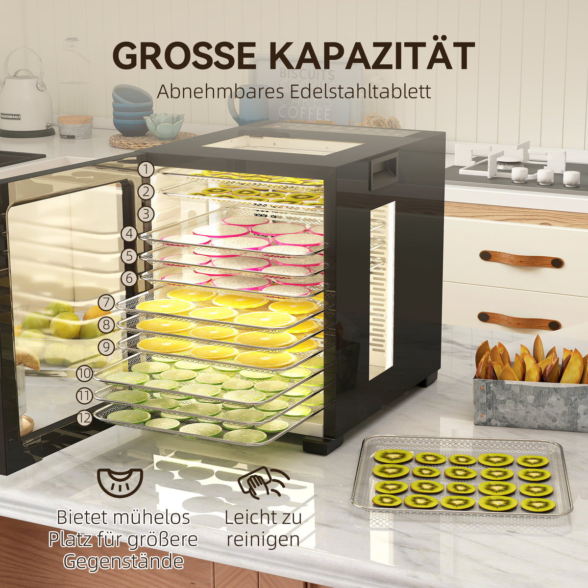 HOMCOM Dörrautomat Dörrgerät, 850 W, 40-70°C Temperaturregler, 48 Std. Timer, 12 Einlegefächer Edelstahl Schwarz