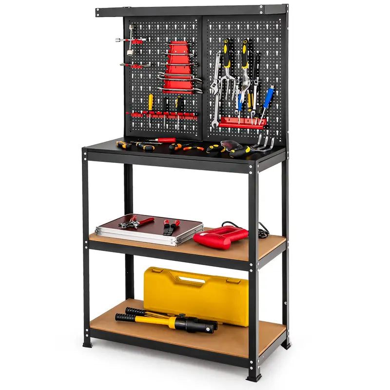 Heavy-Duty Steel Workbench with Pegboard – Tool Table Featuring 2 Open Shelves & 13 Accessories
