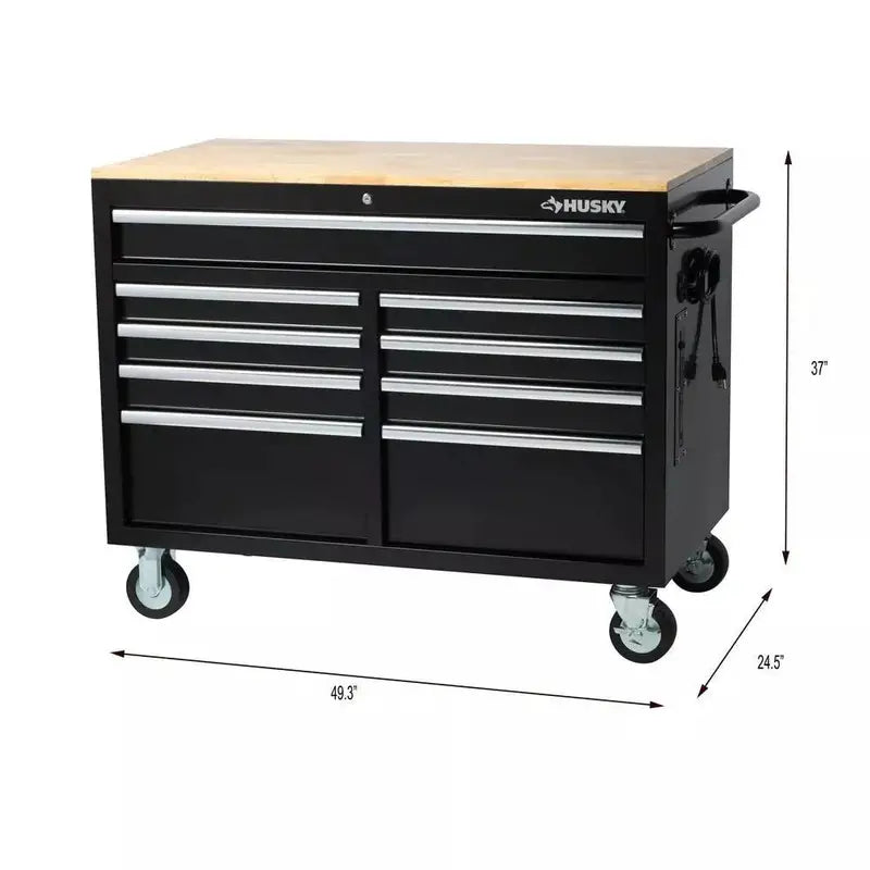 Husky 46″ 9-Drawer Gloss Black Mobile Tool Chest Workbench with Power Strip