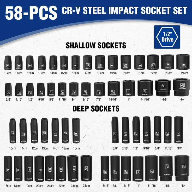 WORKPRO 65-Piece 1/2-Inch Drive Impact Socket Set – SAE & Metric Deep and Standard Sizes