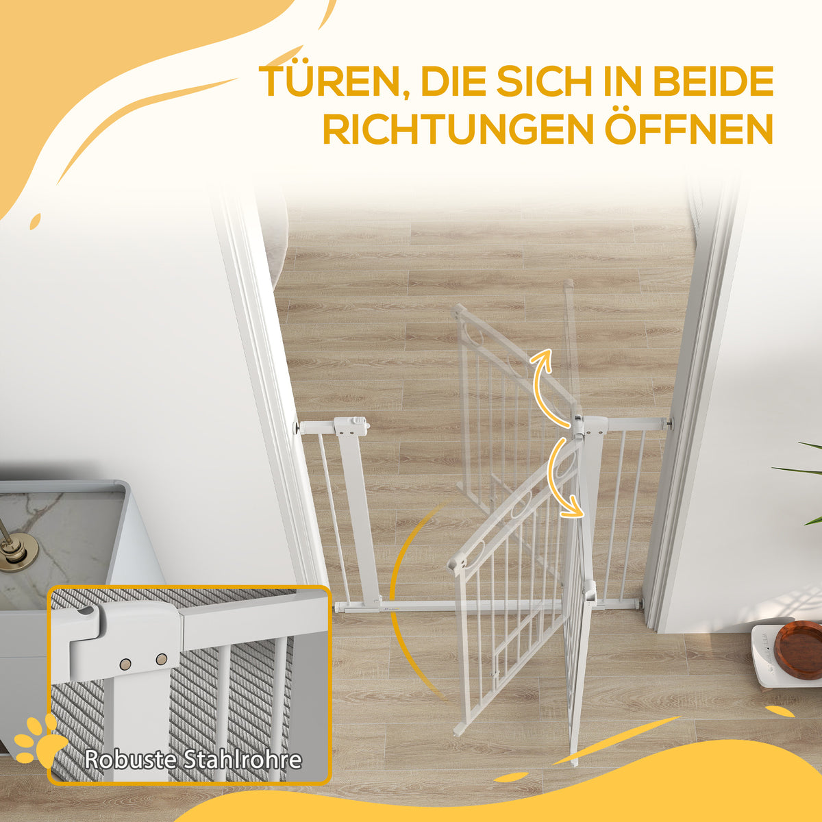 PawHut Haustiertor, 96 cm Treppengatter, verstellbare Breite 76-104 cm, mit Katzentür, für Treppen und Türöffnungen, Weiß