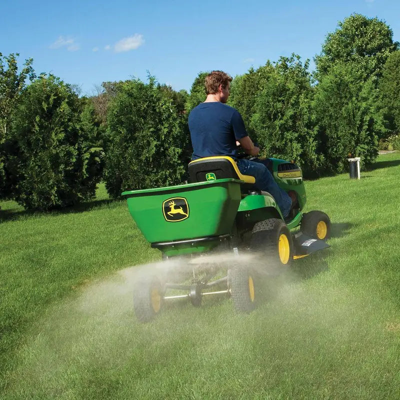 John Deere 175 lb Tow-Behind Broadcast Spreader – Rustproof Poly Hopper, Universal Hitch Compatibility