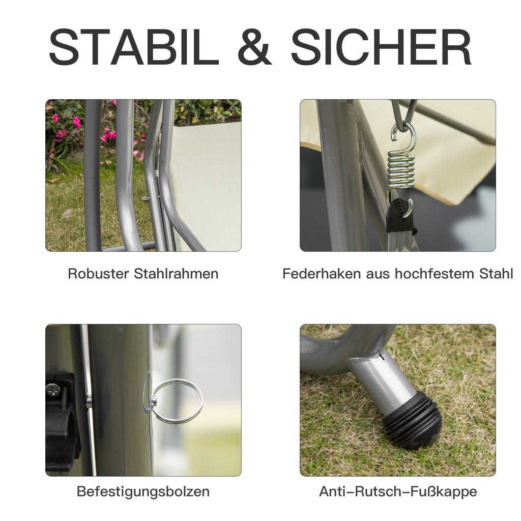 Outsunny Schaukelstuhl 3-Sitzer Gartenschaukel Hollywoodschaukel mit Sitz- und Rückenlehnen Tablett Schwingbank Sitzbank Dachwinkel verstellbar Stahl Polyestergewebe 200 x 120 x 164 cm Beige
