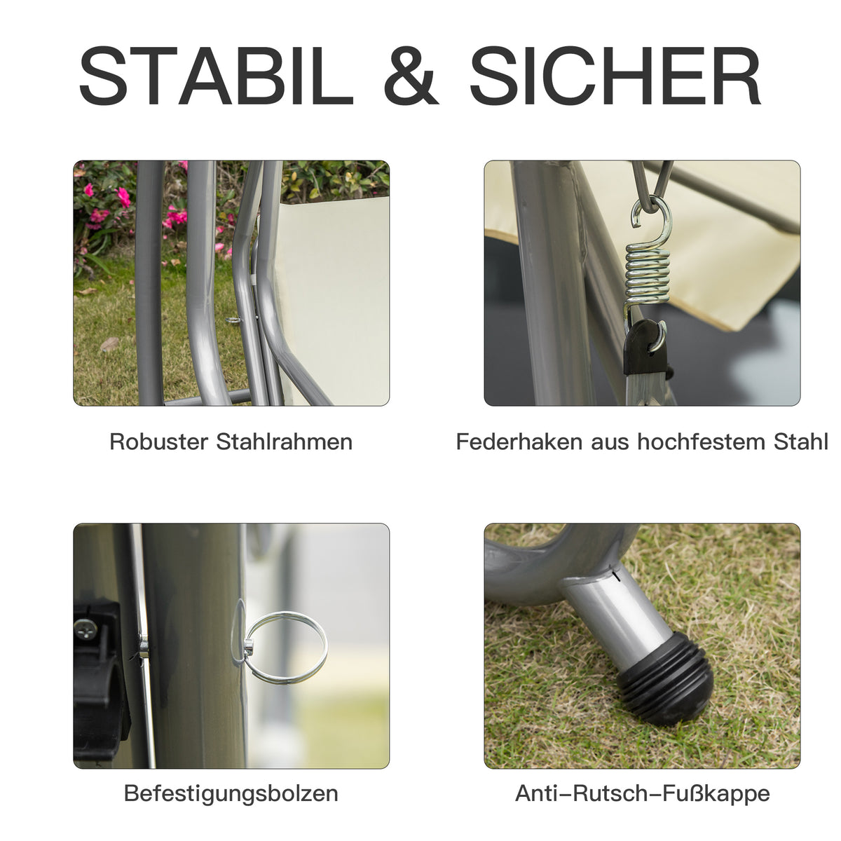 Outsunny Schaukelstuhl 3-Sitzer Gartenschaukel Hollywoodschaukel mit Sitz- und Rückenlehnen Tablett Schwingbank Sitzbank Dachwinkel verstellbar Stahl Polyestergewebe 200 x 120 x 164 cm Beige