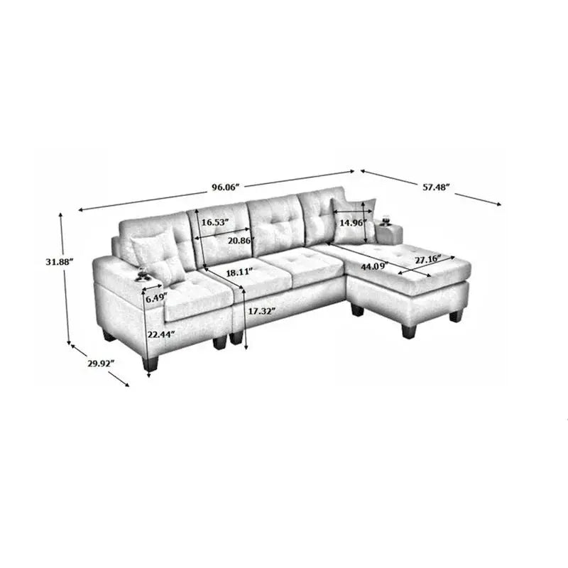 L-Shaped Sectional Sofa with Chaise Lounge – Living Room Set Featuring Built-in Cup Holders