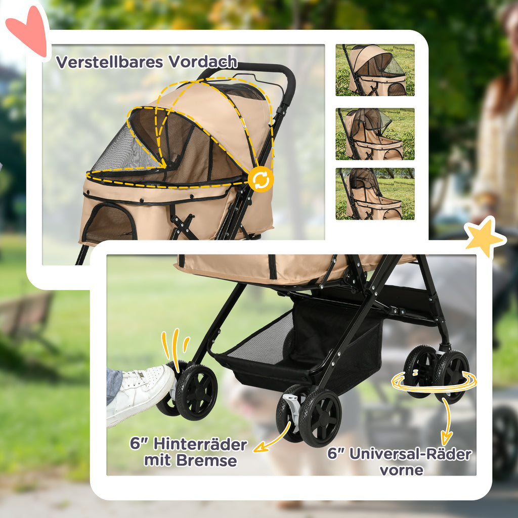 PawHut Hundewagen Hundebuggy klappbar, 1 Korb, 2 Bremsen, inkl. Sicherheitsleine, Hellbraun
