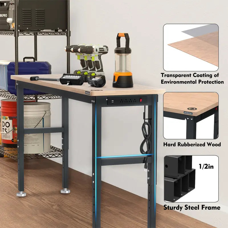 WORKPRO 72-Inch Heavy-Duty Adjustable Workbench – 3000lb Load Capacity with Built-in Power Outlets