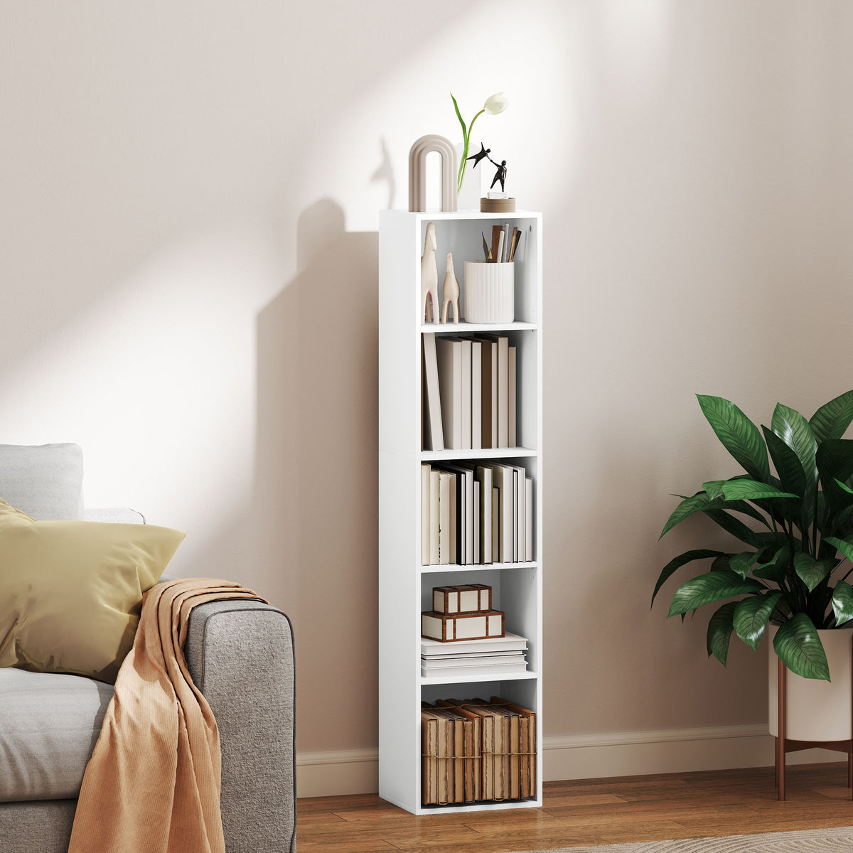 HOMCOM Bücherregal, 5 Fächer, verstellbare Regale, Holz, 30 x 24 x 133,5 cm, Weiß