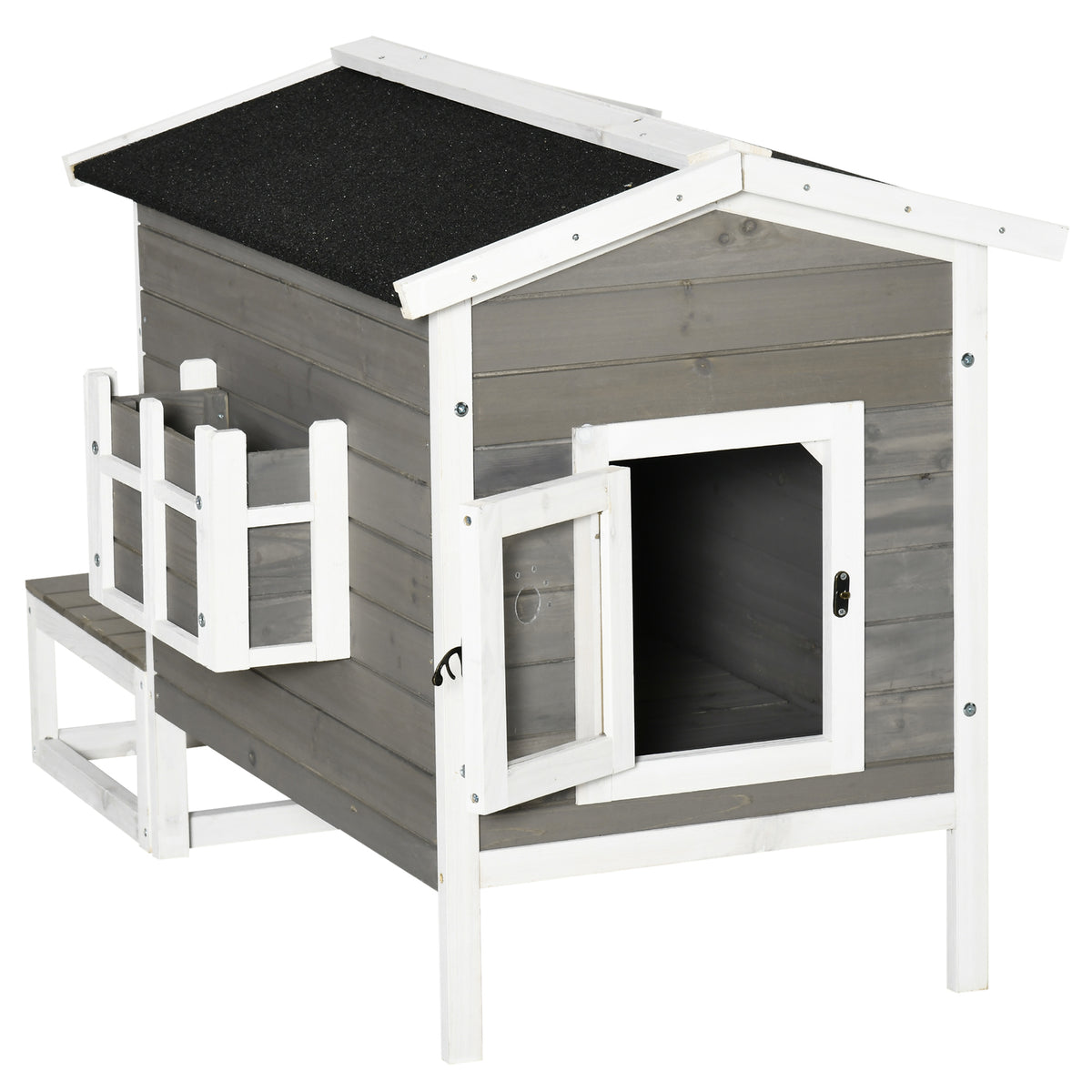 PawHut Katzenhaus aus Holz Winterfest wasserdicht Katzenhütte mit Asphaltdach  Terrasse Katzenhöhle Katzenkiste Outdoor Schutzhütte für Draußen Garten Balkon 115 x 66,5 x 74,7 cm Grau+Weiß