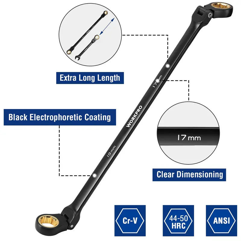 WORKPRO 5-Piece Extra-Long Flex-Head Ratcheting Wrench Set — Metric Sizes 8–19 mm, Rolling Pouch Included