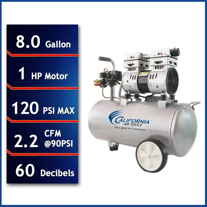 Oil-Free 8-Gallon Air Compressor – Ultra-Quiet 60 dB, 1.0 HP, 120 PSI