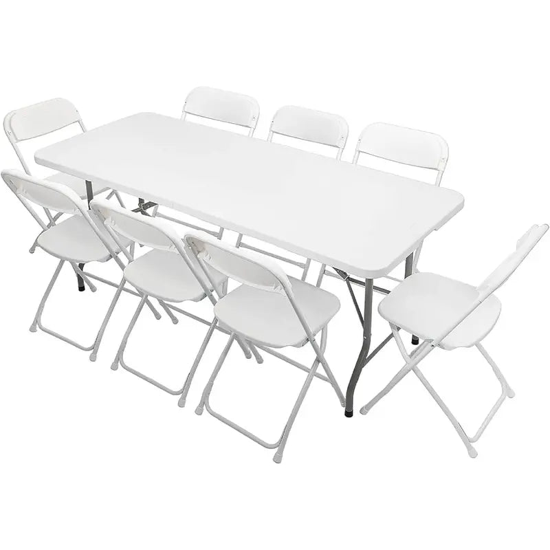 VINGLI 6-Foot Folding Table Set — Includes 8 Stackable White Chairs for Indoor/Outdoor Events