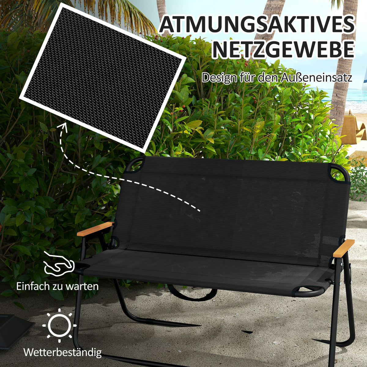 Outsunny Klappstuhl, atmungsaktiv, Holz-Kunststoff-Armlehnen, 108x65x73cm, Schwarz-Natur