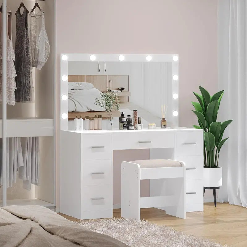 Lighted Vanity Desk Set – Adjustable Brightness Makeup Table with 3-Color LED Mirror & Matching Stool