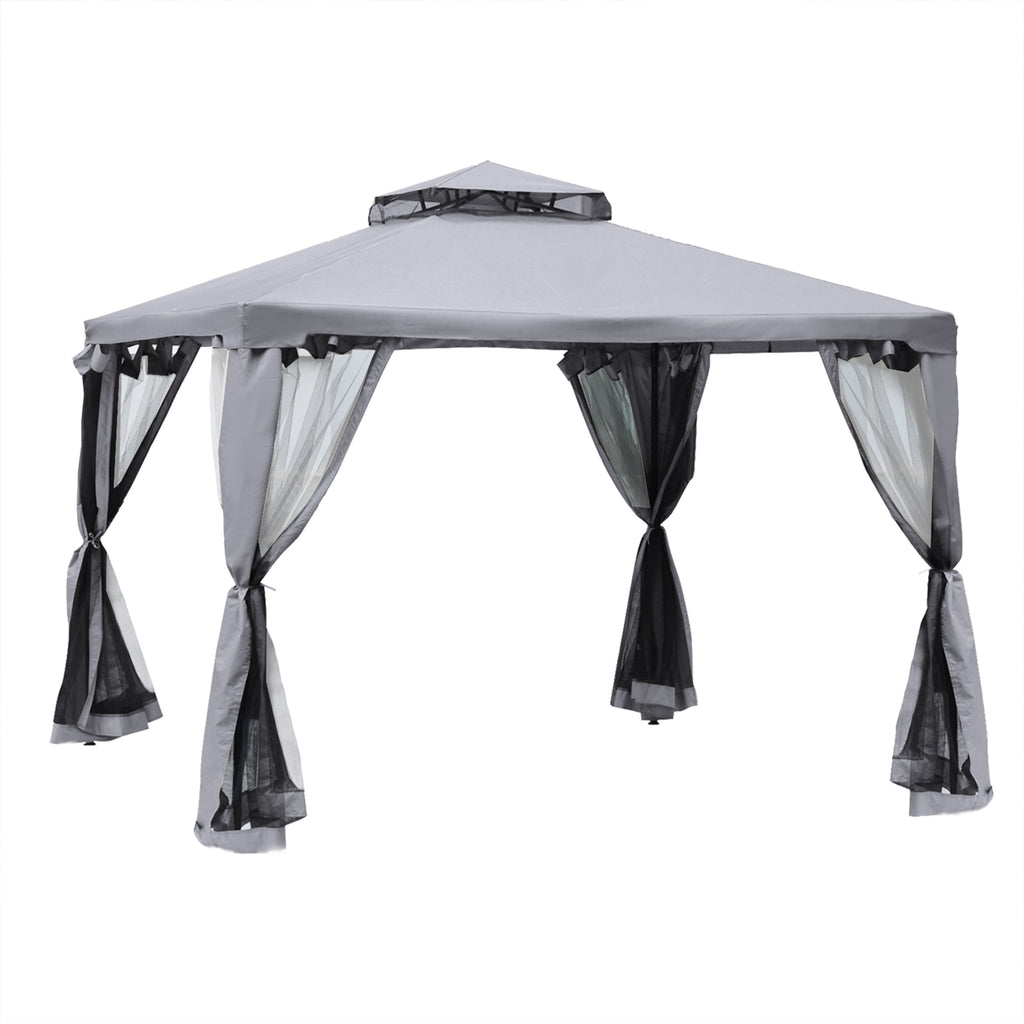Outsunny Pavillon mit Doppeldach, 3x2 m Wasserdicht Stabil Winterfest Gartenpavillon mit Moskitonetz, Seitenteile, Garten-Pavillon aus Metall, für Garten, Terrasse, Hellgrau
