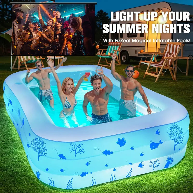 Lighted Family Inflatable Pool – Extra-Large with Integrated Seats & Waterproof LED Lighting