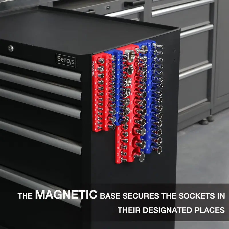 WORKPRO Compact Magnetic Socket Tray Set – 4-Piece Organizer for 1/4″ and 3/8″ Drives, Supports 108 Standard Socket Sizes