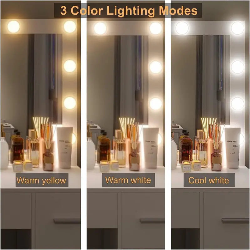 Lighted Vanity Desk Set – Adjustable Brightness Makeup Table with 3-Color LED Mirror & Matching Stool