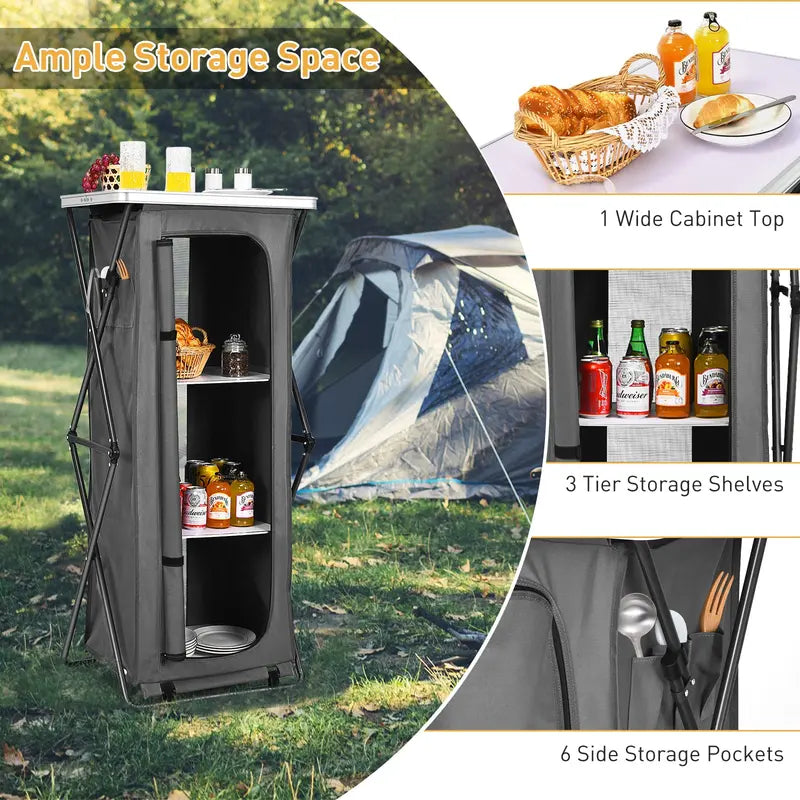 Pop-Up Camping Kitchen Station with Three-Tier Folding Storage Cabinet