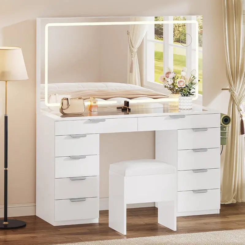 YITAHOME LED Vanity Desk Set – Modern 10-Drawer Dressing Table with Lighted Mirror & Matching Stool