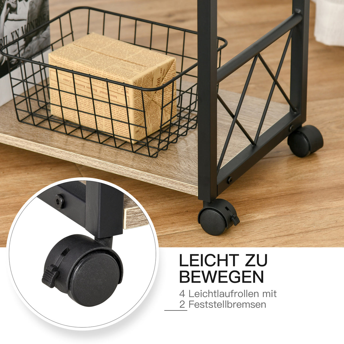 HOMCOM Beistelltisch Servierwagen mit Rädern Küchenwagen Kaffeetisch mit Schublade Ablage Sideboard beweglich Spanplatte Natur 60 x 30 x 65 cm