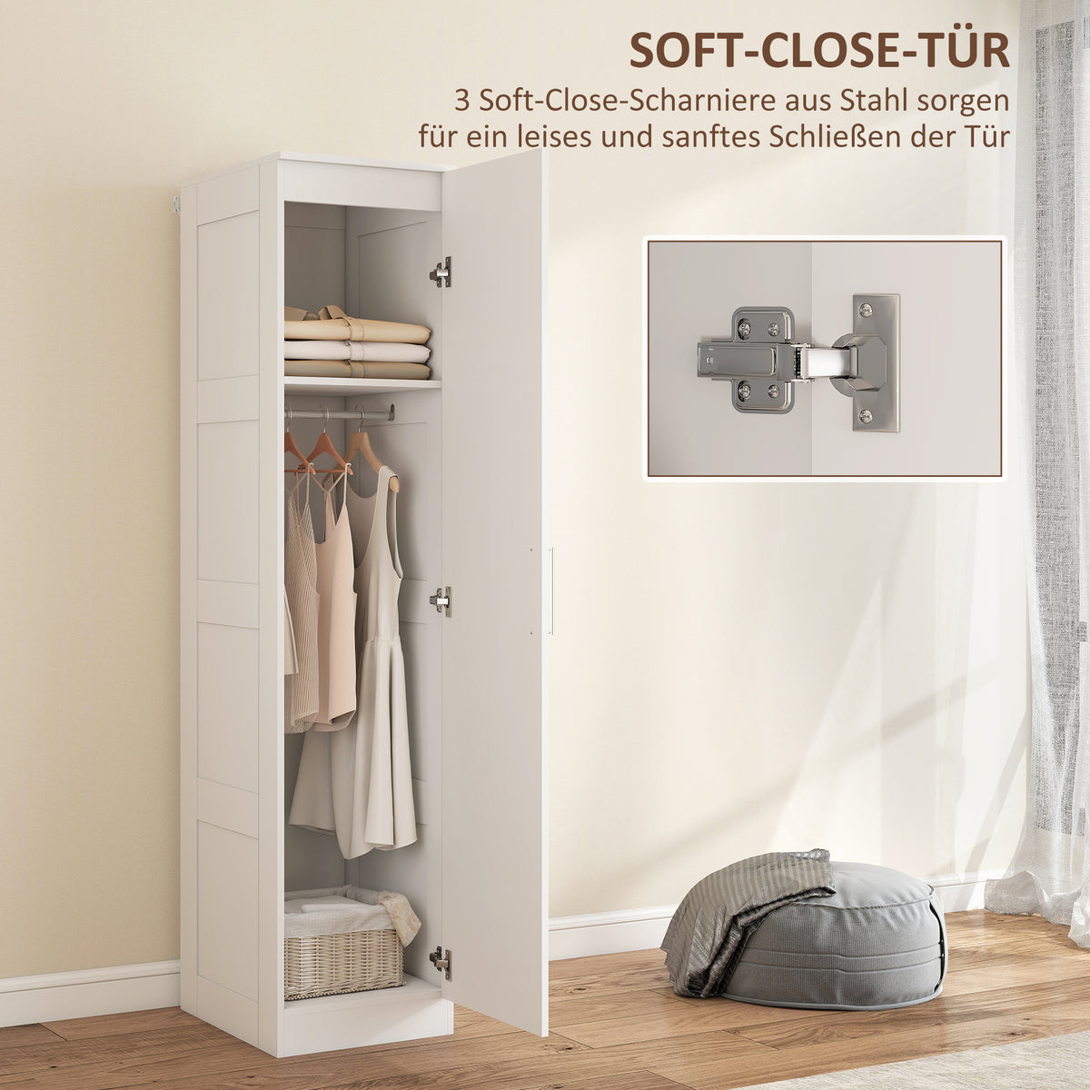 HOMCOM Kleiderschrank Mehrzweckschrank mit Kleiderstange, Regal, Soft-Close-Tür 40 x 52 x 180 cm Weiß