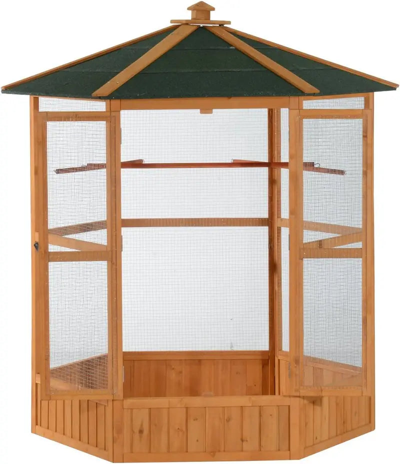 Hexagonal Wooden Outdoor Aviary Bird Cage with Covered Roof – Large