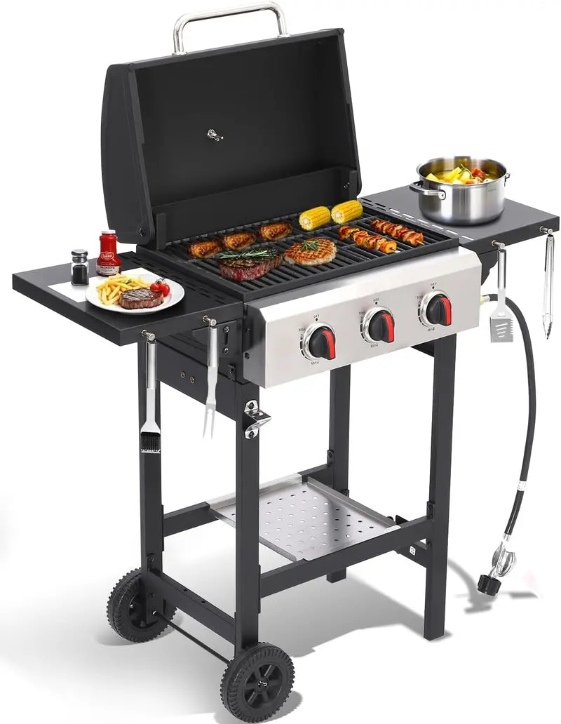 Portable 3-Burner Propane Gas Grill with Foldable Side Tables