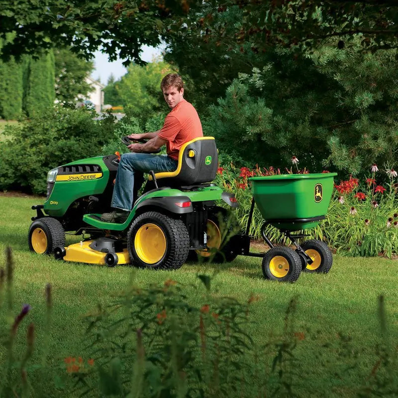 John Deere 175 lb Tow-Behind Broadcast Spreader – Rustproof Poly Hopper, Universal Hitch Compatibility