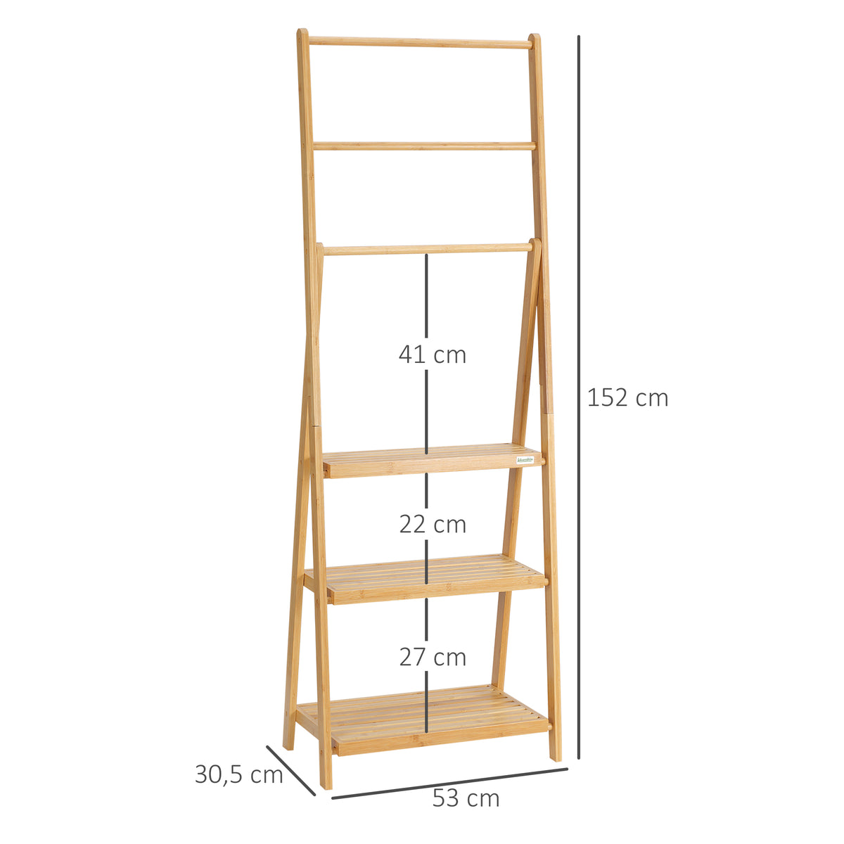 kleankin Handtuchleiter aus Bambus mit Regalen, 3 Regale, 3 Handtuchhalter, klappbar, 53 cm x 30,5 cm x 152 cm, Natur