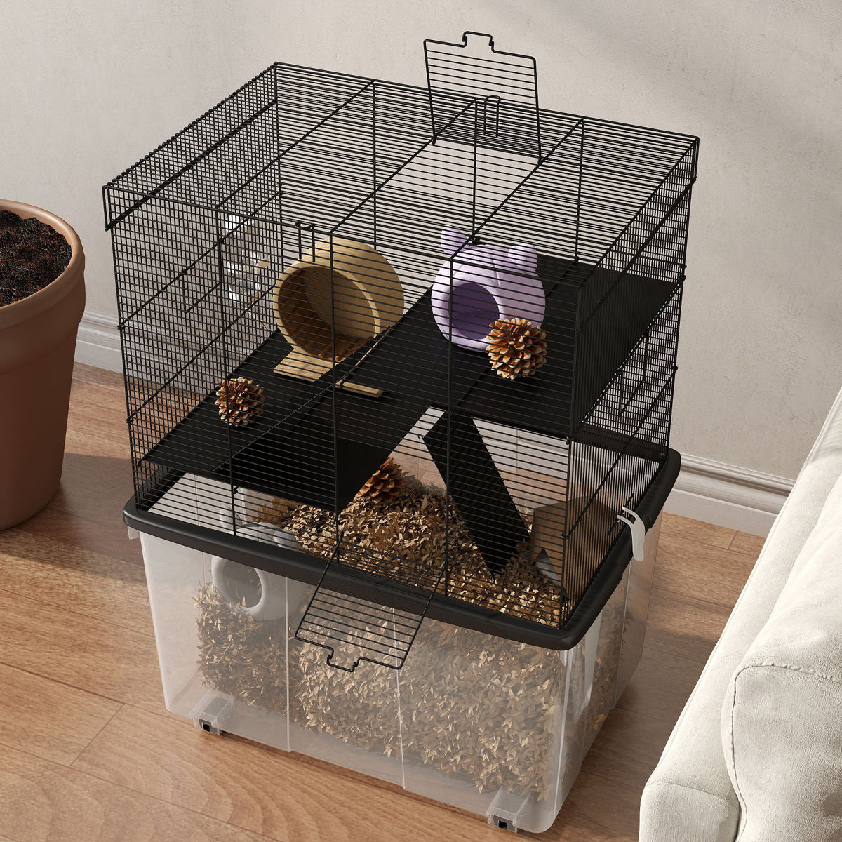 PawHut Hamsterkäfig 3 Etagen mit Rädern, 2 Plattformen, Rampen, Napf und Trinkflasche, 58x43x74 cm, Schwarz