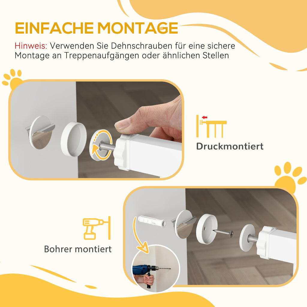 PawHut Haustiertor, 96 cm Treppengatter, verstellbare Breite 76-104 cm, mit Katzentür, für Treppen und Türöffnungen, Weiß