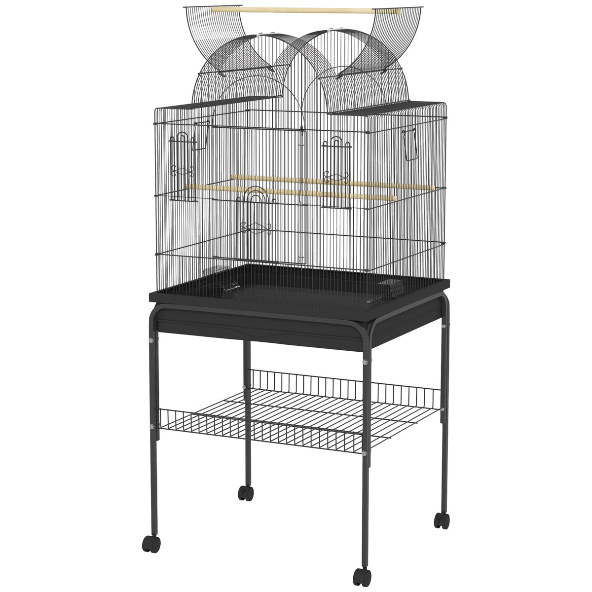 PawHut Vogelkäfig für Kanarienvögel & Wellensittiche, mobil, mit Bodenfach, Metallgitter, Schwarz