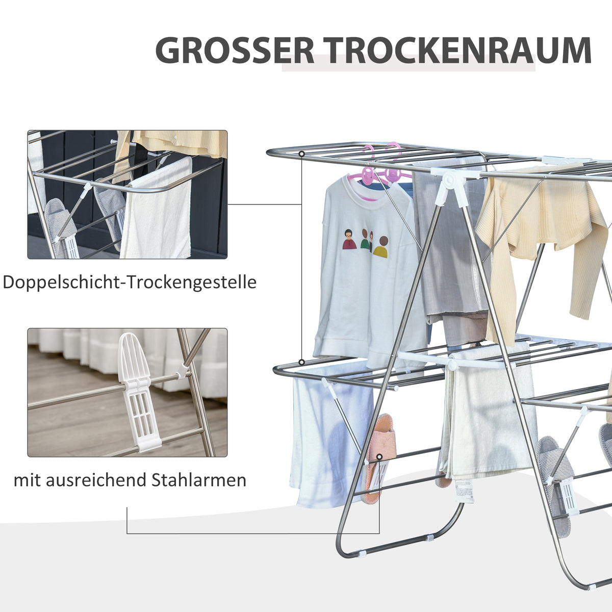 HOMCOM Wäscheständer Standtrockner faltbar 3-stufiger Flügelwäschetrockner Trockengestell Trockenständer Edelstahl Kunststoff Silber Weiß 138 x 60,5 x 112 cm