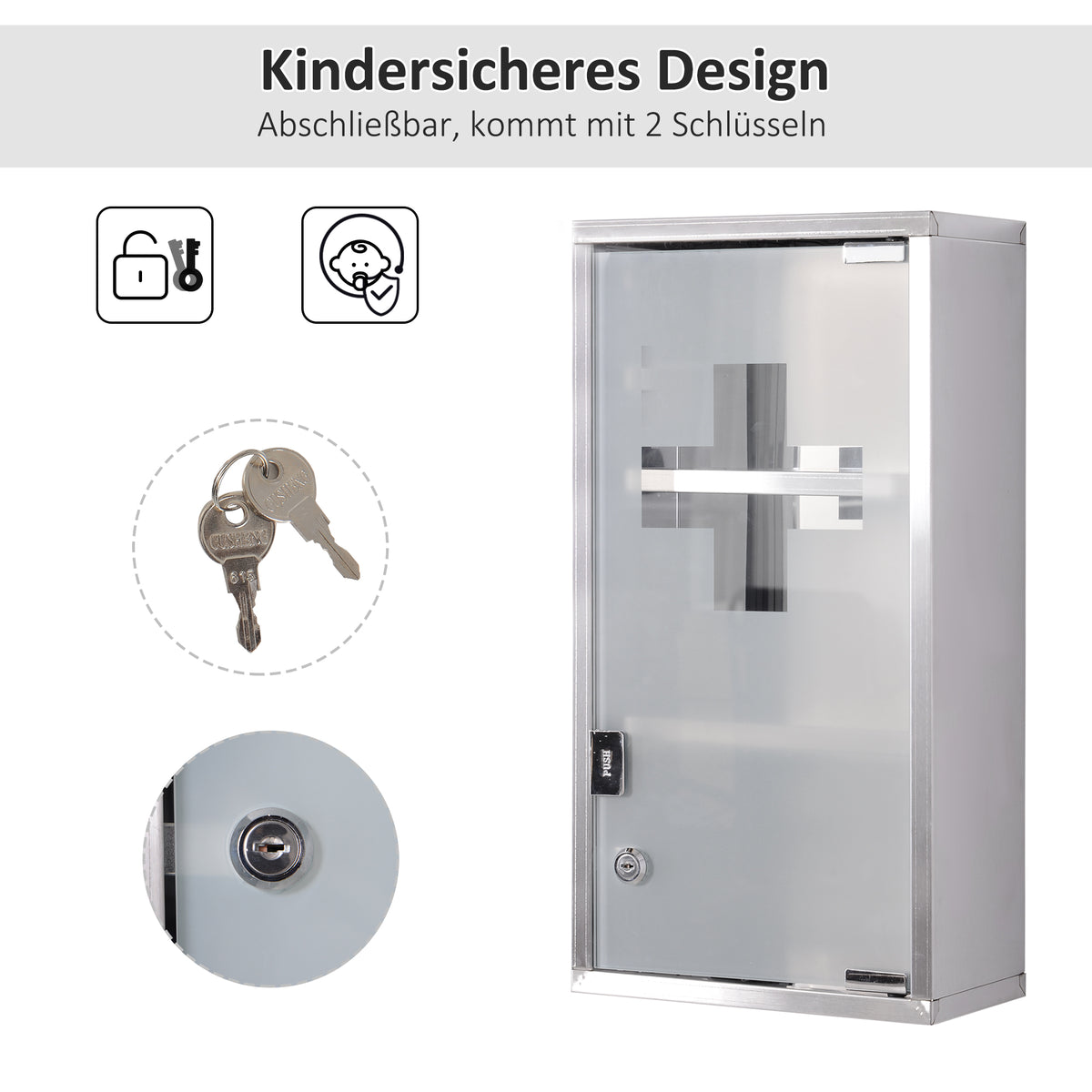 Medizinschrank Arzneischrank Erste-Hilfe-Schrank mit Schloss 3 Fächer Edelstahl Silber 25 x 12 x 48 cm