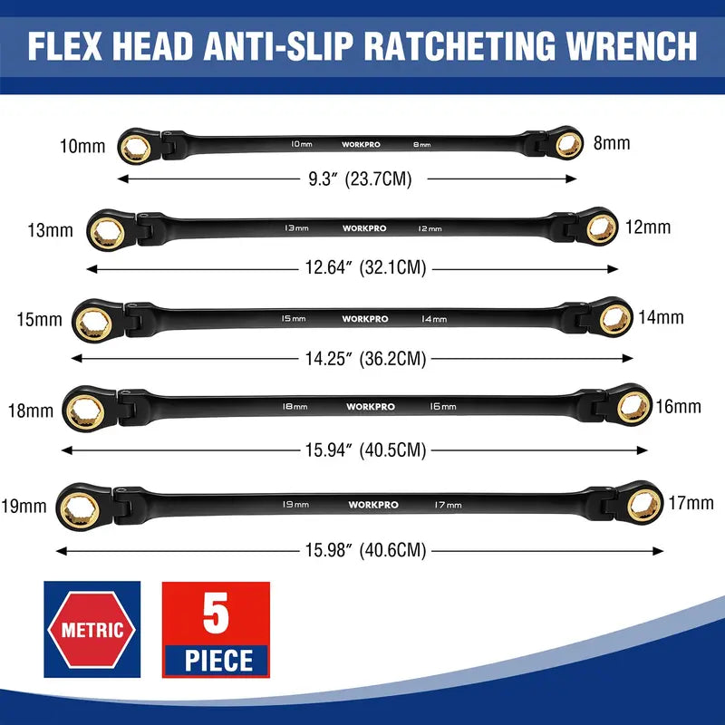WORKPRO 5-Piece Extra-Long Flex-Head Ratcheting Wrench Set — Metric Sizes 8–19 mm, Rolling Pouch Included