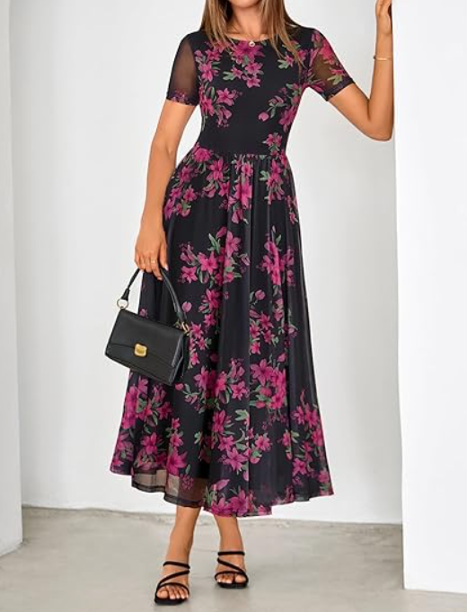 Women' Summer Floral Maxi Dress 2026 Spring Mesh Short Sleeve Flowy Wedding Guest Beach Long Dresses