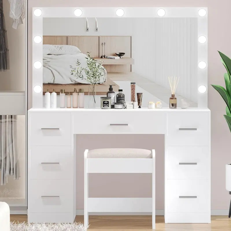Lighted Vanity Desk Set – Adjustable Brightness Makeup Table with 3-Color LED Mirror & Matching Stool