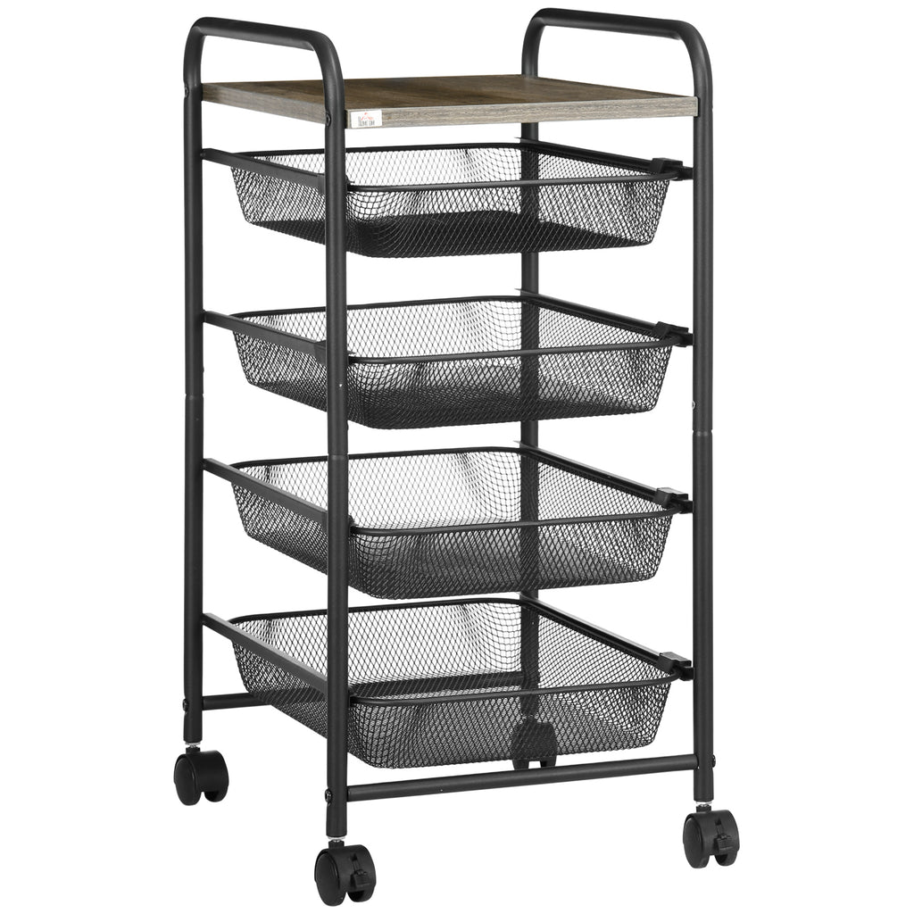 HOMCOM Rollwagen mit 4 Körben, Küchenwagen, 4 Räder mit 2 Bremsen, Allzweckwagen, Schwarz, 41,5 x 31 x 66 cm