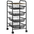 HOMCOM Rollwagen mit 4 Körben, Küchenwagen, 4 Räder mit 2 Bremsen, Allzweckwagen, Schwarz, 41,5 x 31 x 66 cm
