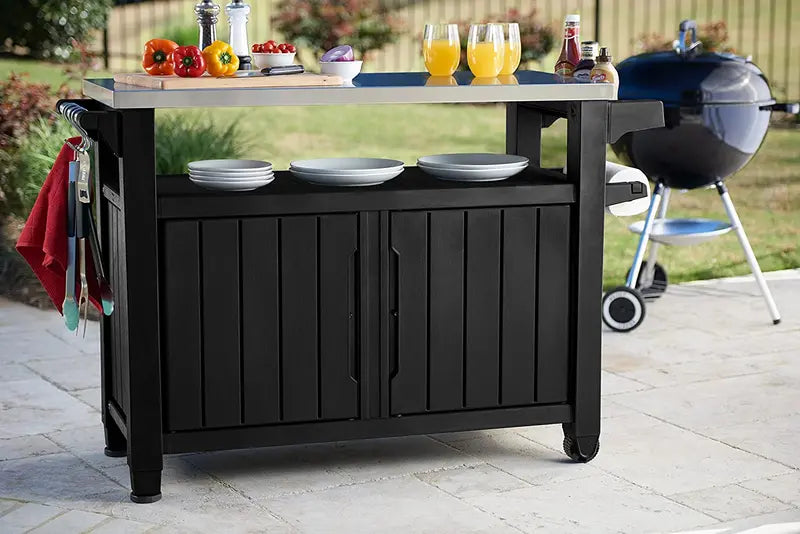 Keter Unity XL Portable Outdoor Storage Table with Built-In Seating