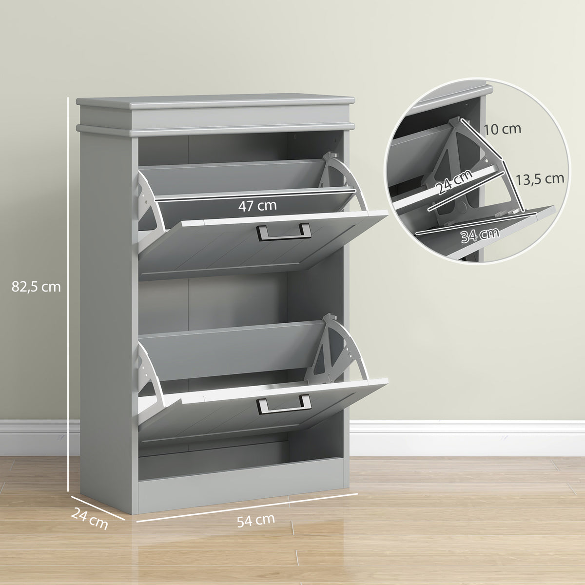 HOMCOM Schuhschrank, 2 Klapptüren, verstellbare Regale, für Eingang, Flur, 54 x 24 x 82,5 cm, Grau