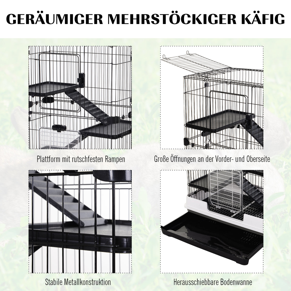 PawHut Kleintierkäfig mit 4 Räder Käfig 3 Öffnungen 2 Plattformen Metall Schwarz 81,2 cm x 52,7 cm x 110 cm